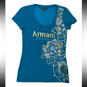 Armani Exchange Gold Foil Floral Womens Teal Blue Design T Shirt Top US Sz S